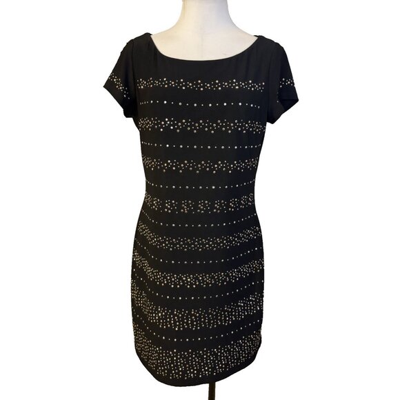 WHBM Dress M Stretch Black Gold Silver Studded Short Sleeve Washable - Picture 1 of 10